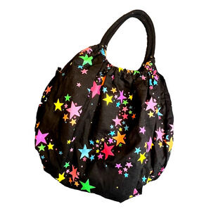Hobo Shoulder Bag Womens Black Rainbow Stars Lined Pockets Y2K Cotton Colorful